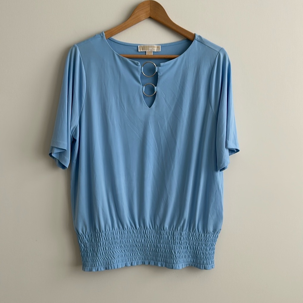 Michael Kors Shirred Waist Cornflower Blue Short Sleeve Loose Blouse
